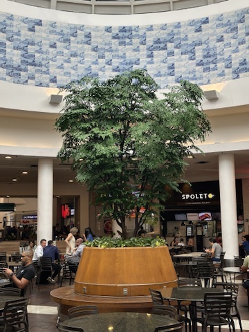 Detalhe da copa da árvore preservada do Shopping Del Rey, com folhagem montada folha a folha sobre o tronco tratado