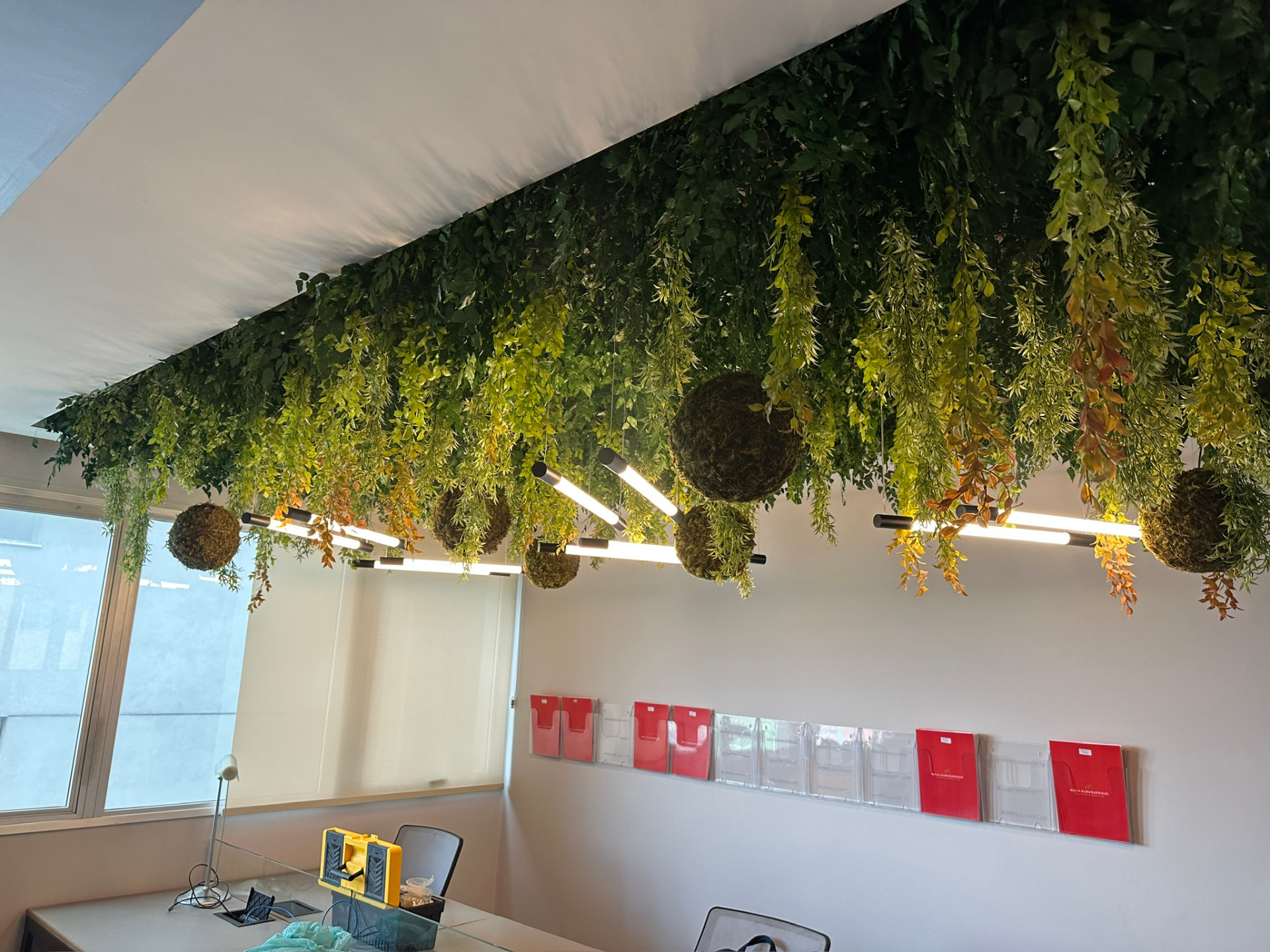 Vista lateral da ilha de plantas preservadas e luminárias na sala da ML2 Company