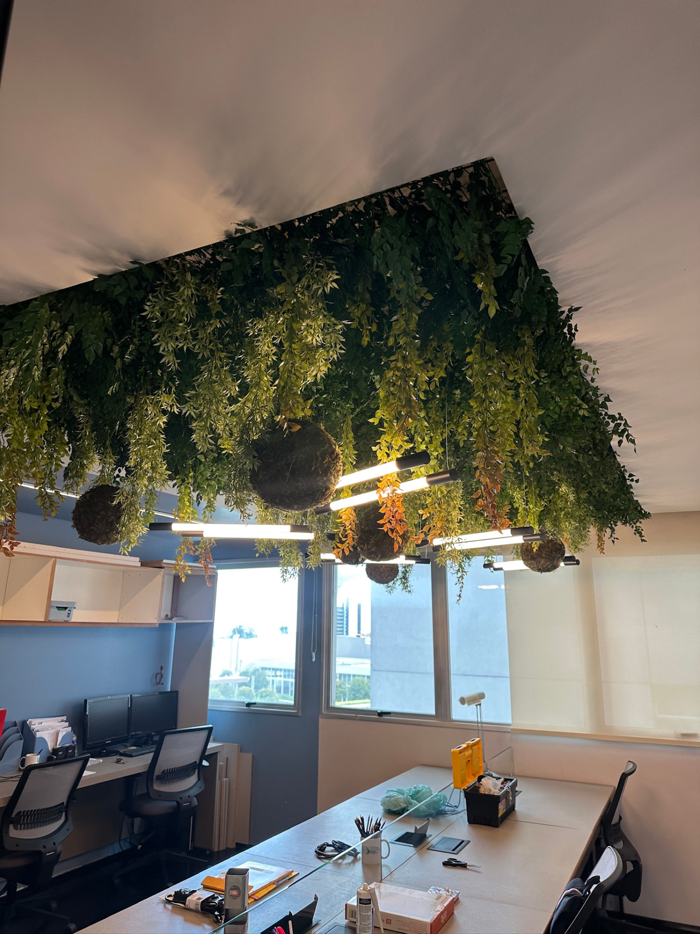 Sala de trabalho da ML2 Company com grande ilha de plantas preservadas suspensa sobre a mesa