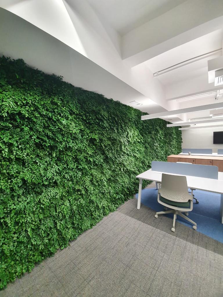 Parede inteira de jardim vertical preservado em escritório corporativo com estações de trabalho