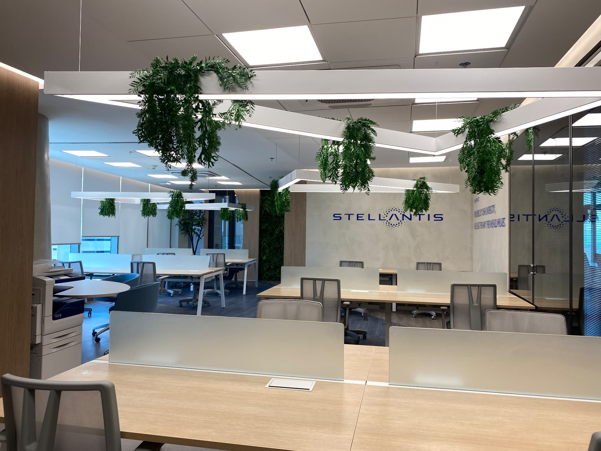 Open space da Stellantis com plantas pendentes suspensas nas luminárias e painel verde ao fundo