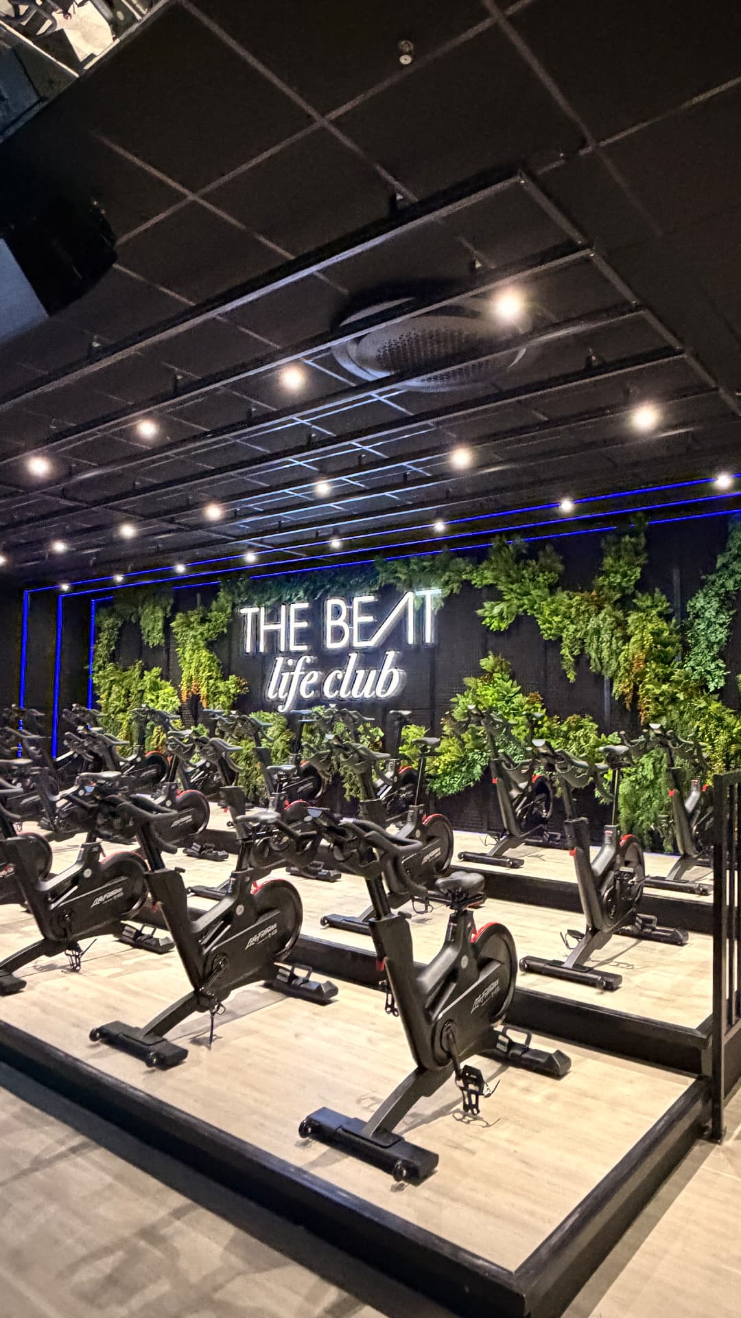 Salão de spinning do The Beat Life Club com jardim vertical e iluminação azul