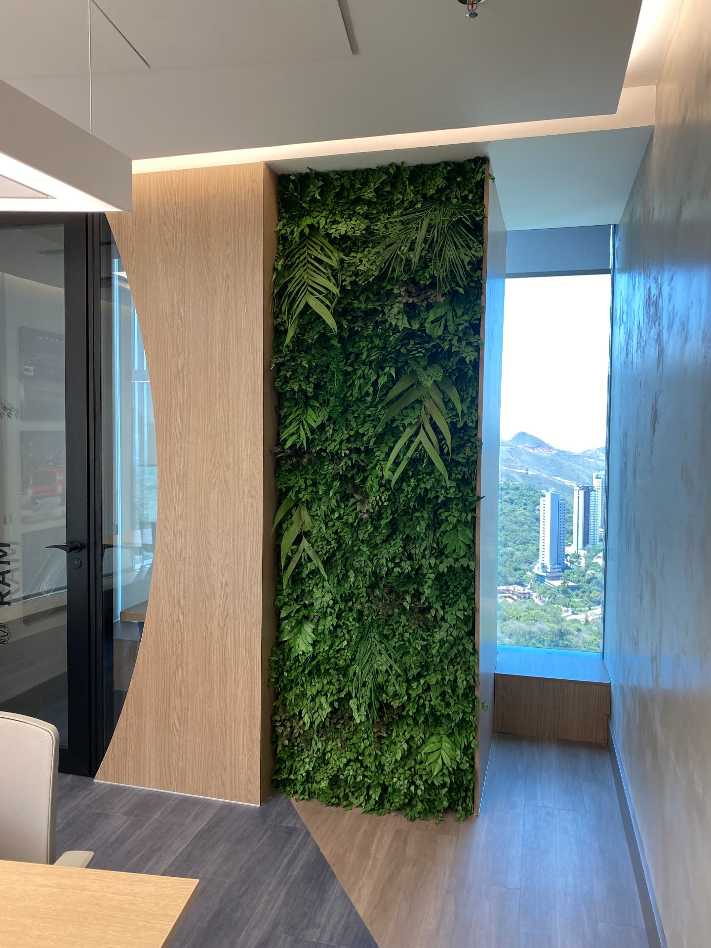 Painel de jardim vertical preservado entre marcenaria amadeirada e janela com vista da serra