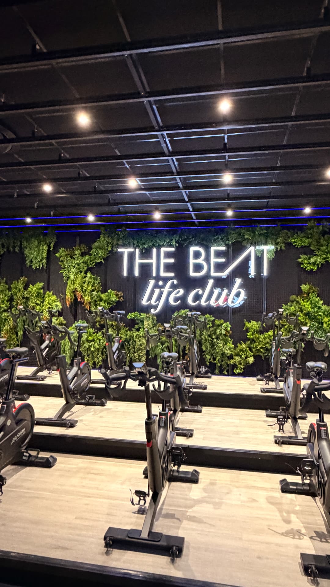 Jardim vertical do The Beat Life Club visto de frente com fileiras de bikes