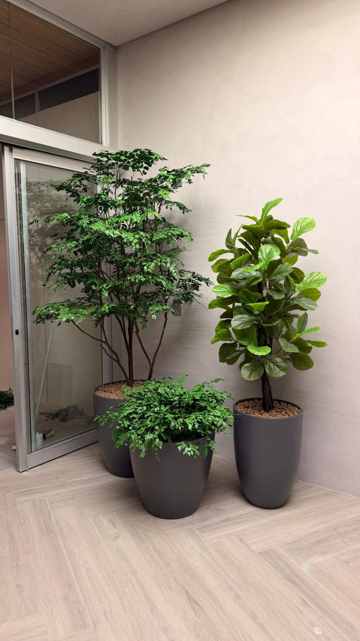Composição de árvore preservada, ficus lyrata e arranjo baixo em vasos escuros em recepção corporativa em Belo Horizonte