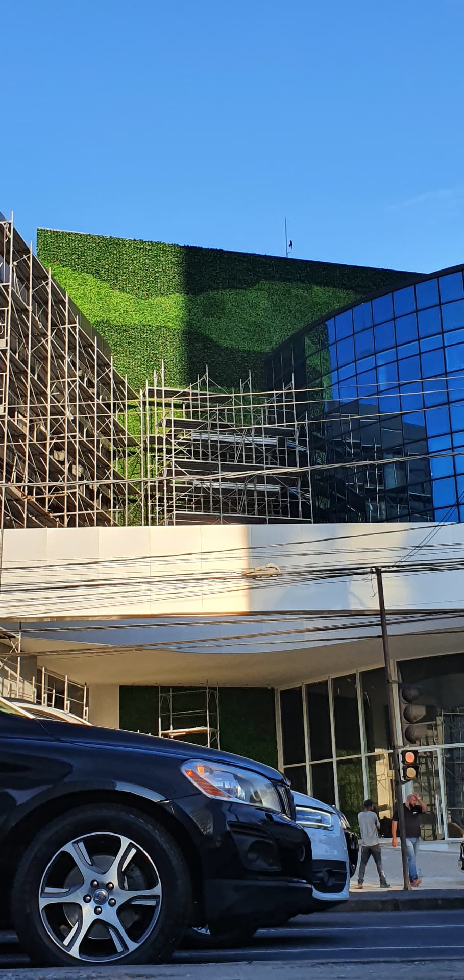 Andaimes cobrindo a fachada da Avantgarde Motors durante a instalação dos 240 m² de jardim vertical permanente
