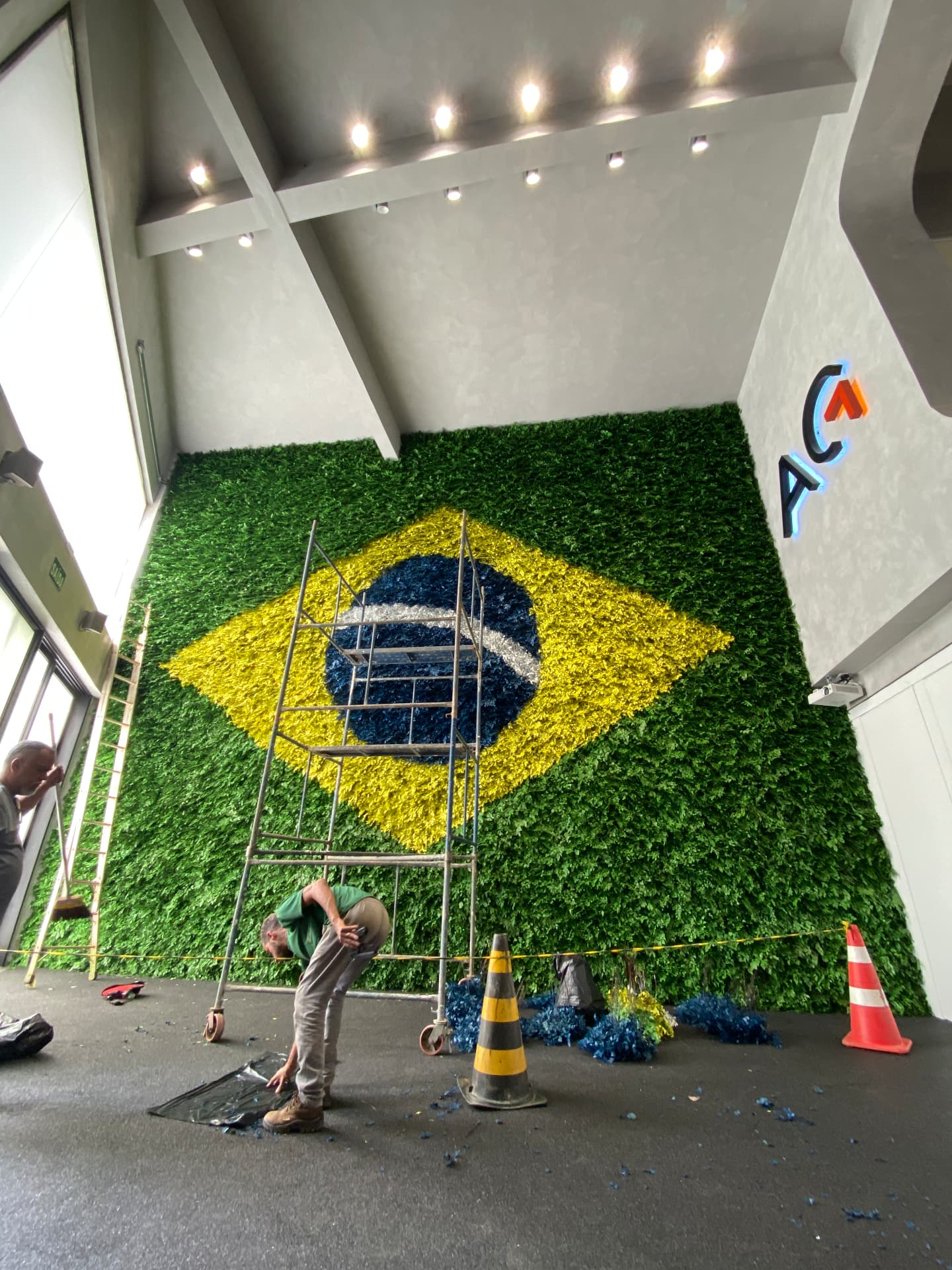 Equipe da Casa do Jardim montando a bandeira do Brasil em plantas preservadas com andaime na Avantgarde Motors